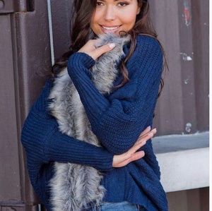 PRETTY NAVY FAUX FUR BATWING CARDIGAN ONE SIZE